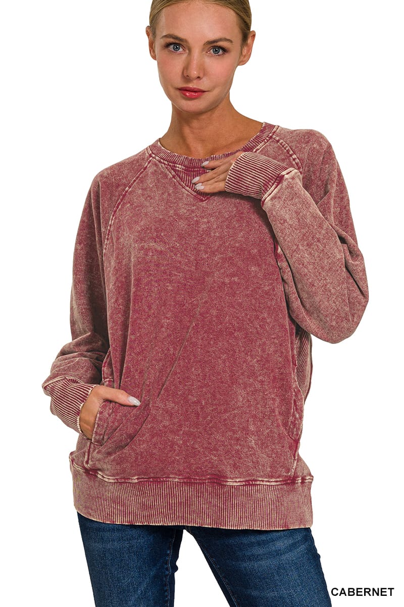 Zenana Pullover MAROON / S Acid-Washed French Terry Pullover with Pockets Acid-Washed French Terry Pullover with Pockets