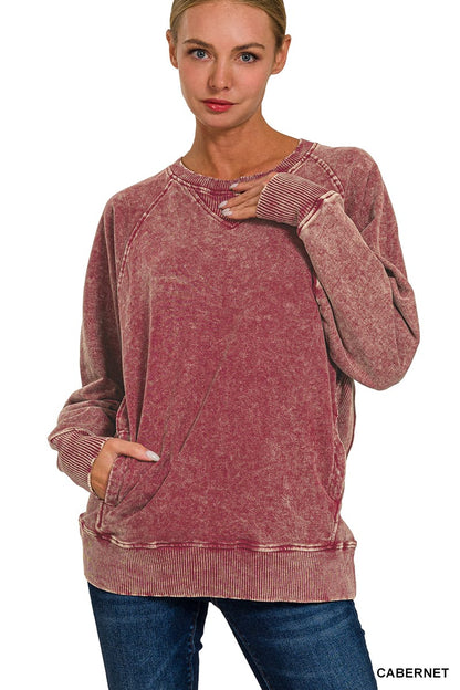 Zenana Pullover MAROON / S Acid-Washed French Terry Pullover with Pockets Acid-Washed French Terry Pullover with Pockets