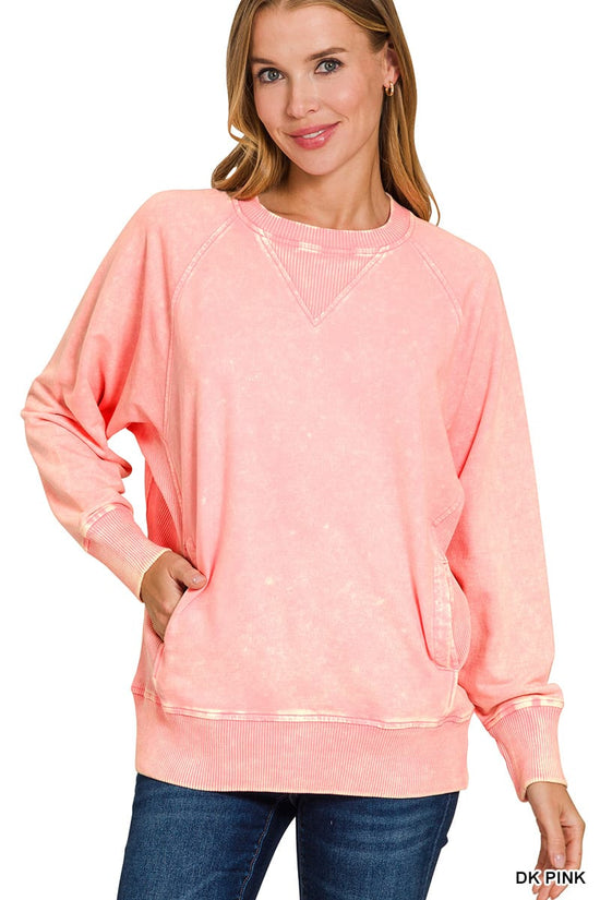 Zenana Pullover PINK / S Acid-Washed French Terry Pullover with Pockets Acid-Washed French Terry Pullover with Pockets