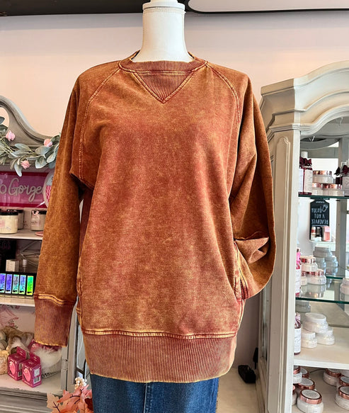 Zenana Pullover Rust / S Acid-Washed French Terry Pullover with Pockets Acid-Washed French Terry Pullover with Pockets